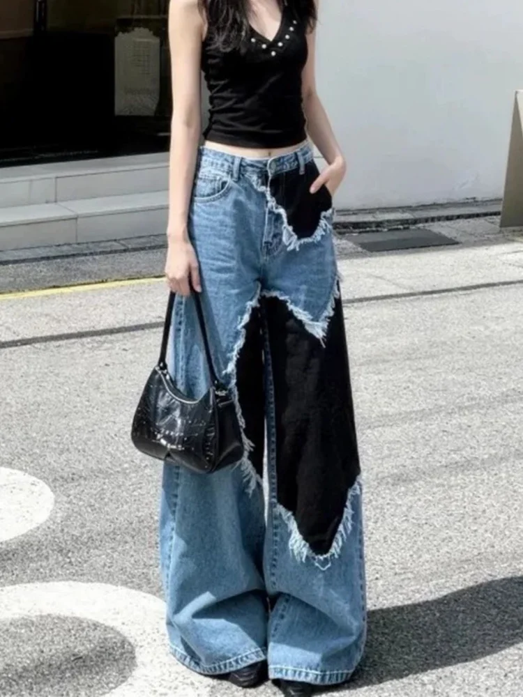 2026 Ropa Y2K Fashion Vintage Blue Heart Patchwork Baggy Women's Jeans 6