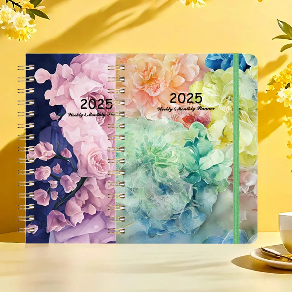 2025 A5 Coil Notebook Planner Floral Leaves Pattern English Book Vintage Cardboard Cover Calendar 52-week Schedule Student Class