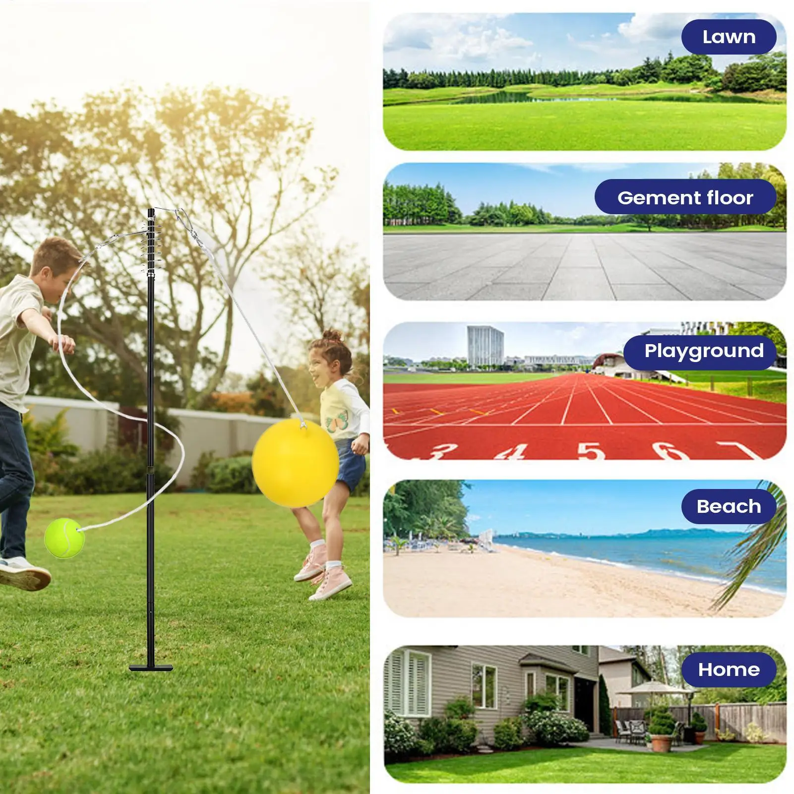 ชุดเทเธอร์บอลเทนนิส กิจกรรมสร้างความสัมพันธ์ในครอบครัว กีฬาอินเทอร์แอคทีฟ ชุดฝึกเทเธอร์บอลเทนนิส สำหรับสนามหญ้า สวนหย่อม ลานบ้าน โรงเรียน ชายหาด วันหยุดพักผ่อน