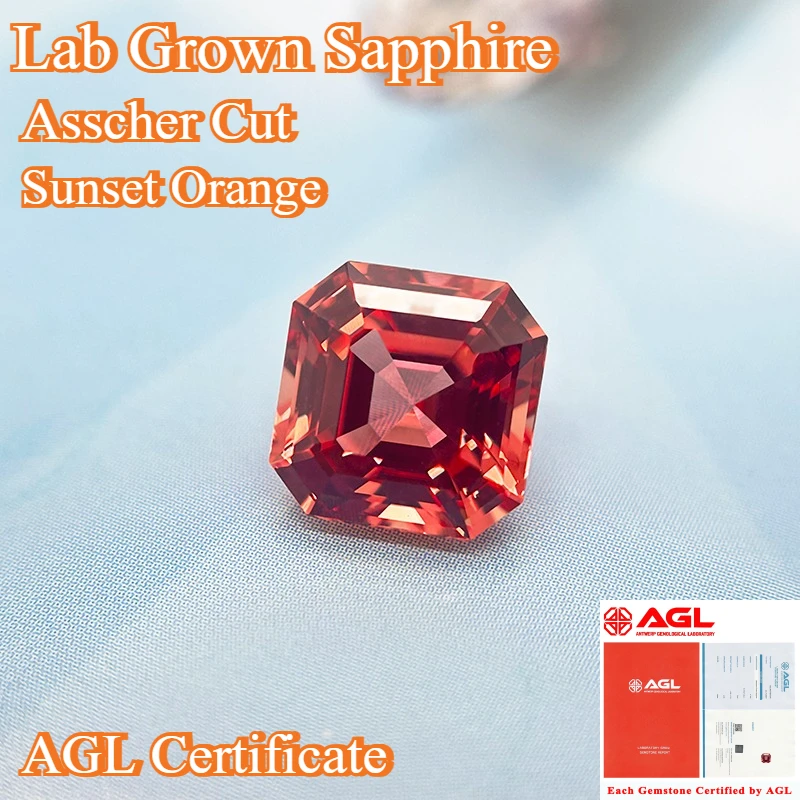 

Hot Sell Lab Grown Sapphire Asscher Cut Sunset Orange Multiple Size Top Quality for Diy Jewelry Make Selectable AGL Certificate