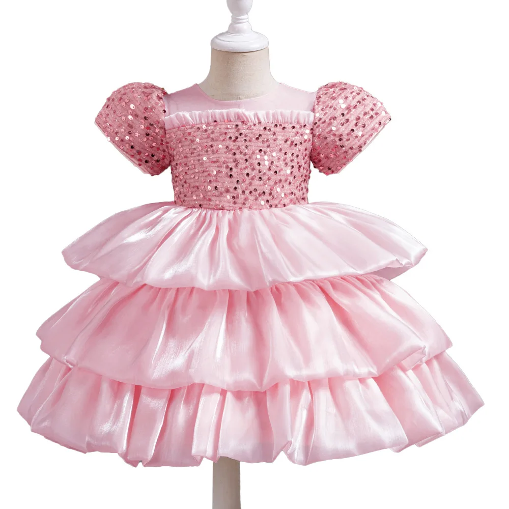 ELBCOS 2-8Y Girls Sequin Lantern Short Sleeves O-neck Tiered Cake Skirt Costumes Baby Full Dress