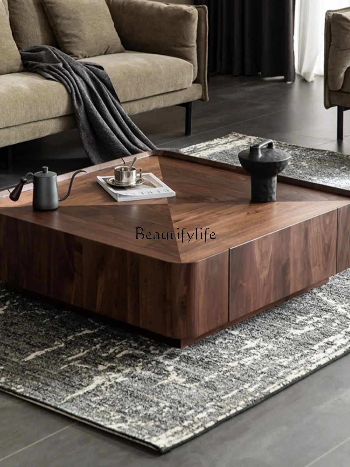 Italian Minimalist North American Black Walnut Solid Wood Coffee Table Square Storage Modern Simple Coffee Table