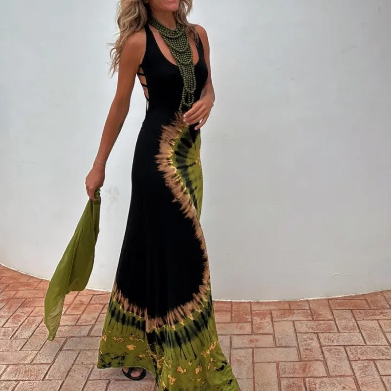 Gonna lunga da pavimento cava sexy da donna di nuovo stile estivo 2025 Cintura posteriore senza maniche stampata alla moda ​ ​ abito da festa chic