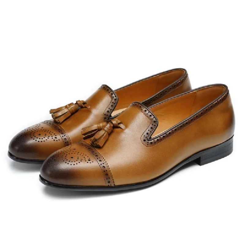 Men's round Toe Modern Dress Shoes Genuine Leather Retro Style Business Brogue Carved Tassel Casual Cowhide Footwear