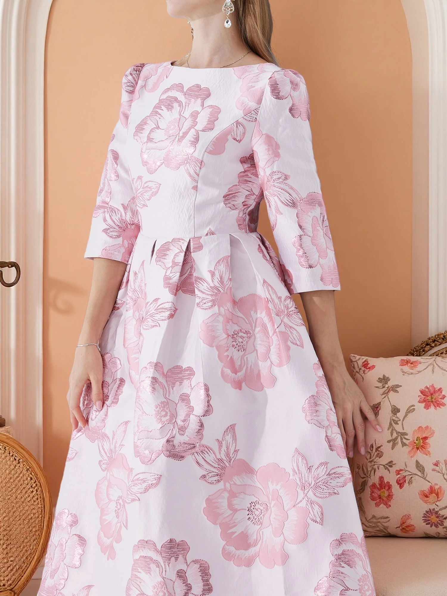 

DEVCHATA New Plus Size Jacquard Party Dress Elegant Pink Floral Three-Quarter Sleeve Dress Boho Luxury Fall Spring Vestido