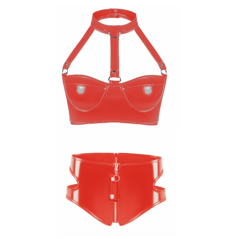 Damen-Dessous, Intim-Unterwäsche-Set, Rave Wet-Look, Lackleder, ohne Bügel, ohne gepolstertes Bauch-BH-Oberteil mit Reißverschluss, Slip