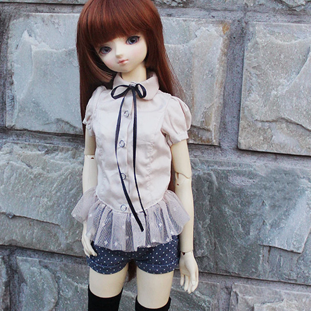 D04-B355 Children handmade toy BJD/SD doll clothes 1/3 DD girl Short sleeved shirt denim shorts 1pcs