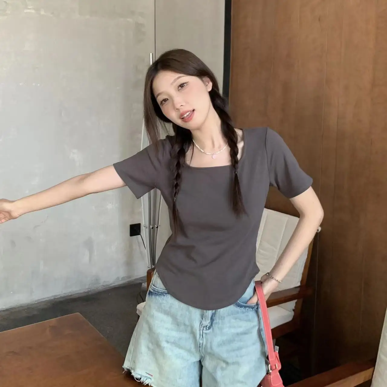 plus Size Women's T-Shirt Square Collar Short Sleeve Slimming Belly Covering Korean Style Commute Pure Color Summer Top