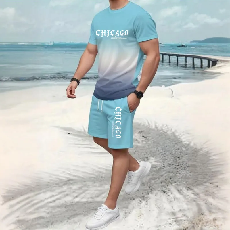 Conjunto de 2 piezas de verano para hombre, camiseta informal de moda hawaiana para hombre, pantalones cortos de playa al aire libre para hombre, estampado de CHICAGO, cuello redondo, manga corta