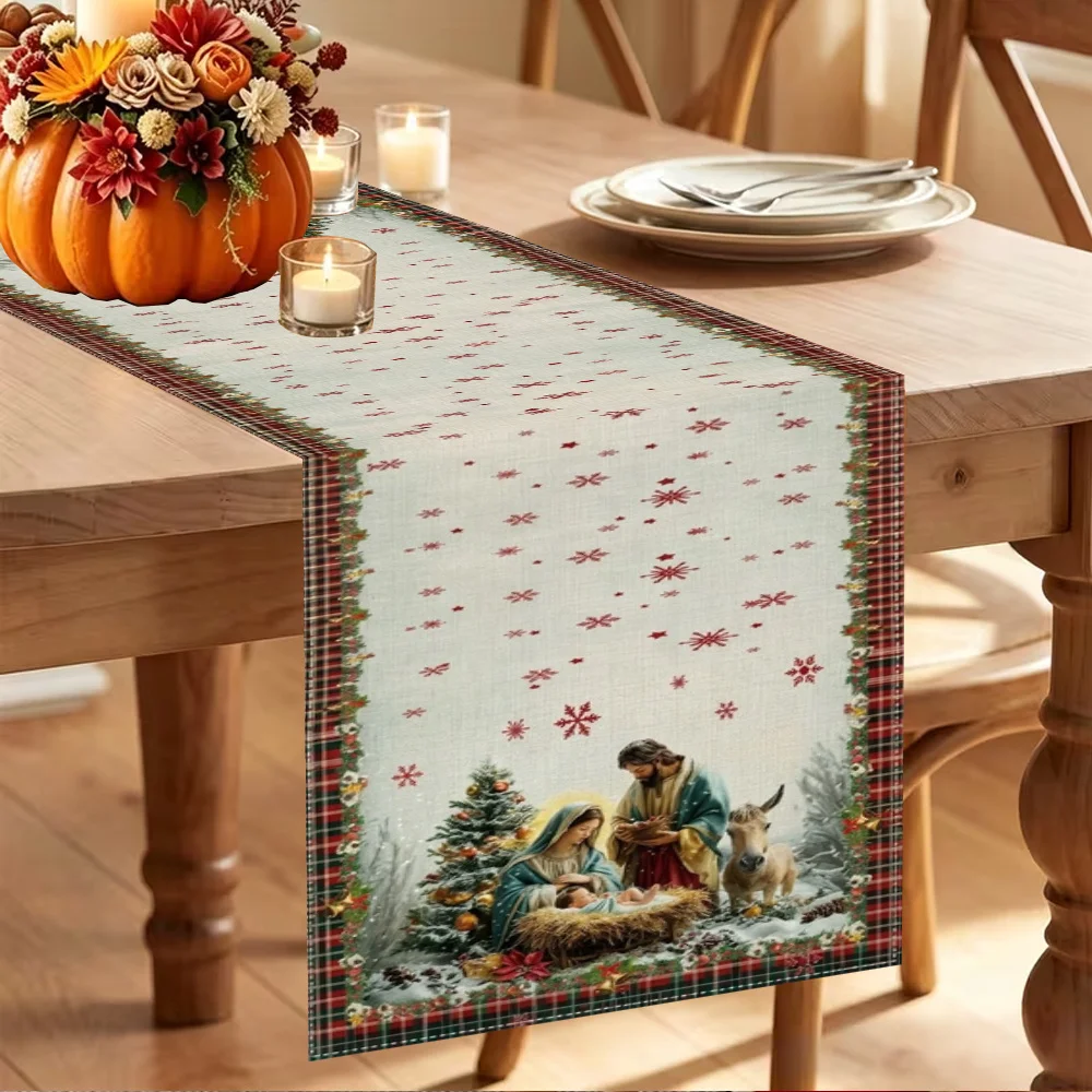 1 Large-Sized Christmas Nativity-Themed 2D Flat Table Runner, with a Light Background and Red Snowflake Pattern, Featuring Christmas Snowscapes, Holy Family, and Baby Figures at the Corners, with Classic Red and Green