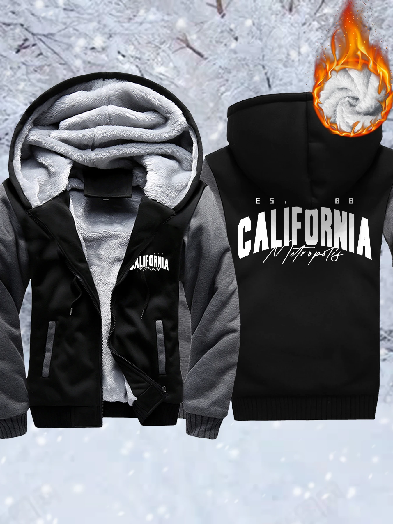 

California Metropolis Est.1988 Printed Man Fleece Zip-Up Jackets Soft Comfy Tops Thicken Winter Outwear Warm Basics Veste