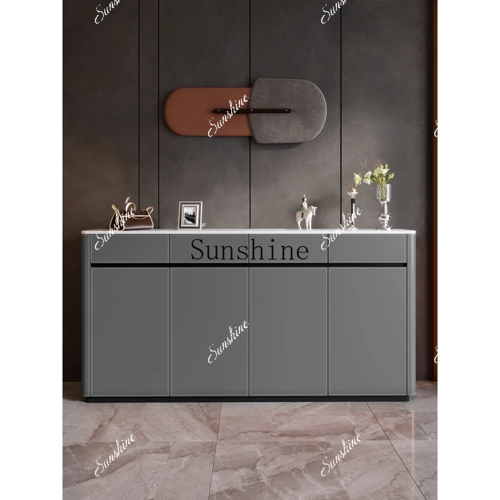 

Italian light luxury saddle leather dining side cabinet modern simple living room entrance solid wood tea cabinet FT