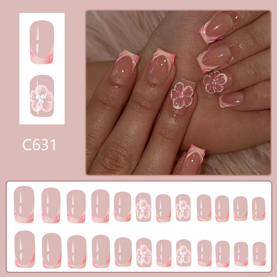 24Pcs Short Square Press on Nail French Relief Flower Pearl Fake Nails for Women and Girl Detachable Wearable Nail Art