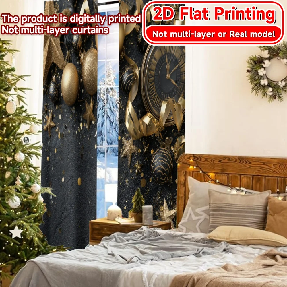 طباعة مسطحة ثنائية الأبعاد، قطعتان للاحتفال الذهبي (2) ستائر أنيقة من القماش لغرفة النوم وغرفة المعيشة والمكتب والمراهقين