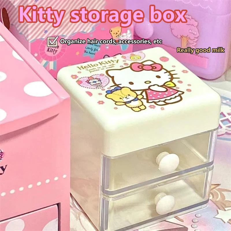 Cartoon Sanrio Ornament Cute Hello Kitty Double Drawer Type Storage Box Desktop Cosmetics Jewelry Sundries Arrange Box Girl Gift