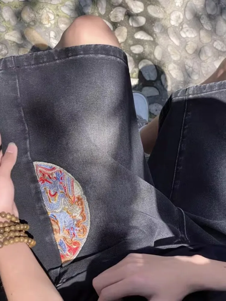 Men's Summer Design Sense Jeans Shorts Label Embroidery New Chinese Style Straight Loose Middle Pants Five-Point Pants