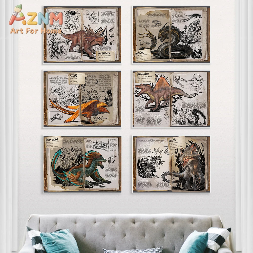 Vintage Dinosaur & Prehistoric Animal Canvas Wall Art Retro Encyclopedia Print Style for Kids' Room & Classroom Decor