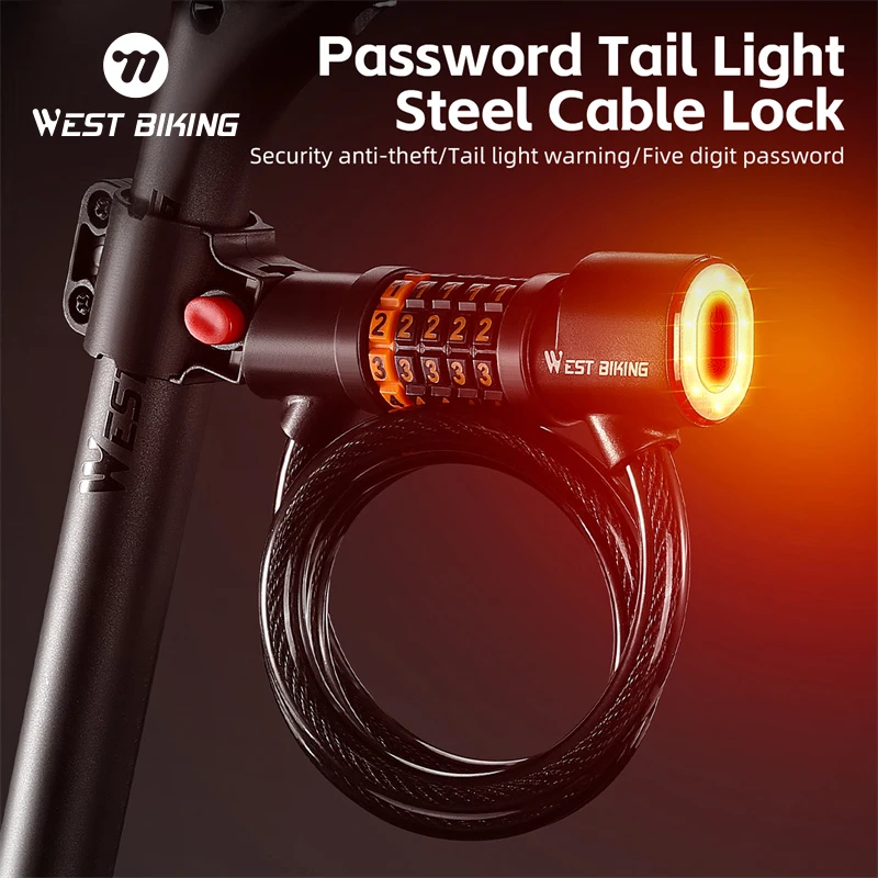 

WEST BIKING Bicycle Steel Cable Lock Anti-Theft Safety Lock 5 Digit Password With Taillight Motorcycle MTB Road Bike Accessories