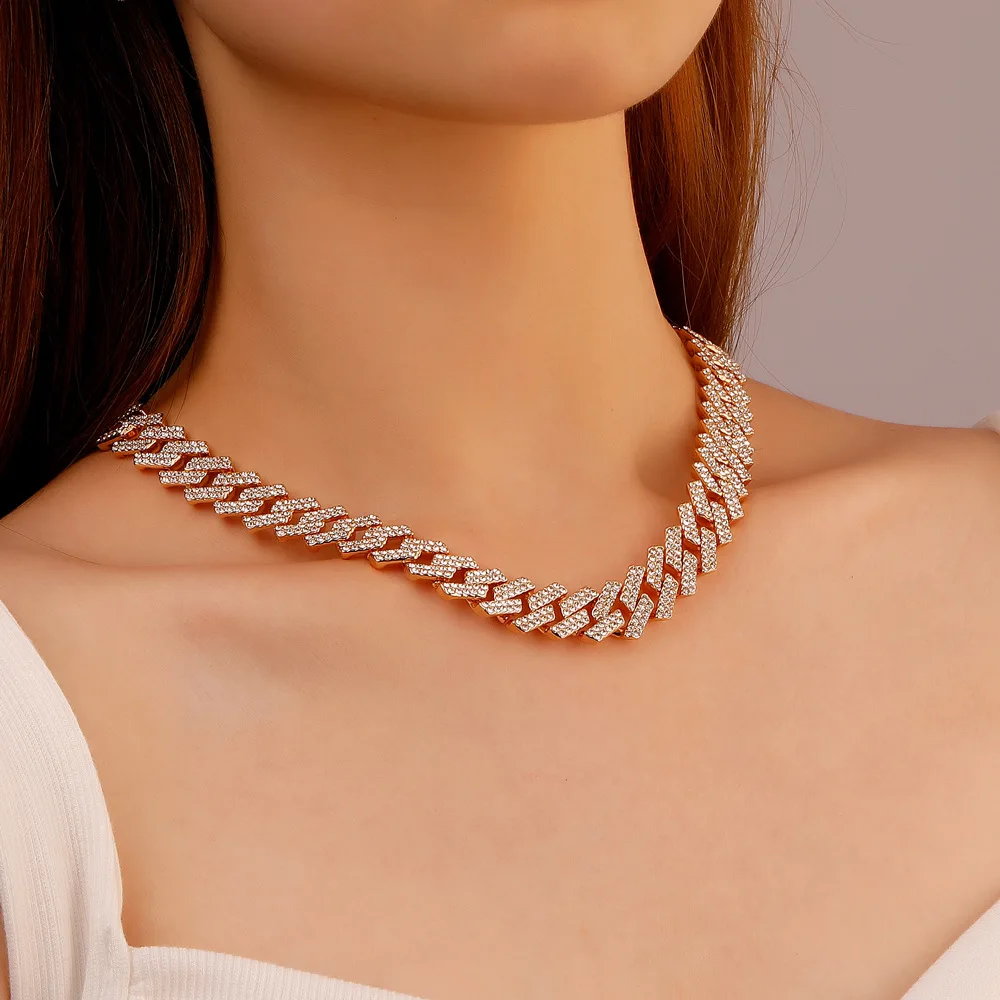 

HipHop Men Women Prong Cuban Link Chain Necklace Bling Iced Out 2 Row Rhinestone Paved Rhombus Cuban Necklace Jewelry