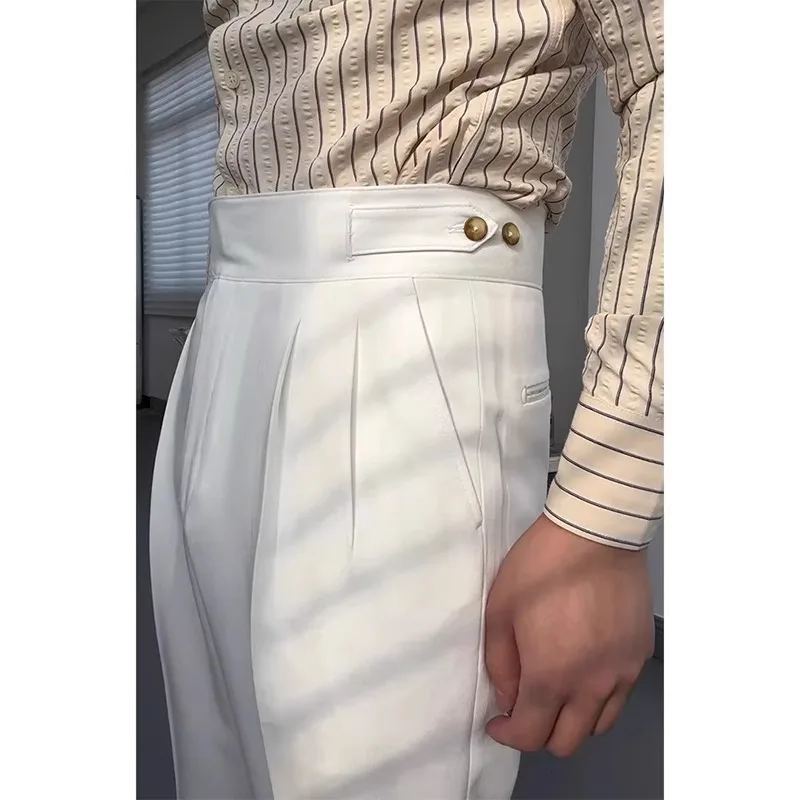 

High Waist Adjusting Naples Button Style Formal Trousers Casual Daily Fashion British Style Pure Color Business Long Pants