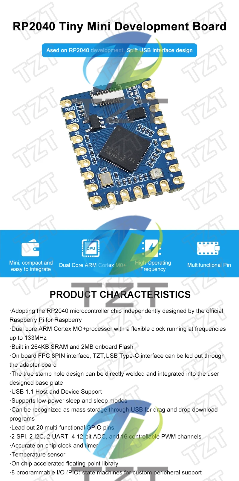 TZT RP2040-Tiny Development Board Modul RP2040 Für NULL Raspberry Pi PICO USB Typ C Schnittstelle 264 KB SRAM 2 MB Flash Für Arduino – Detail 1