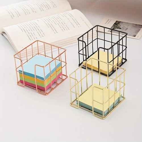 Imagen 2 del producto Soporte para notas post-it de oro rosa, lindo dispensador de notas post-it, organizador de escritorio de cubo de metal para suministros de oficina de escritorio