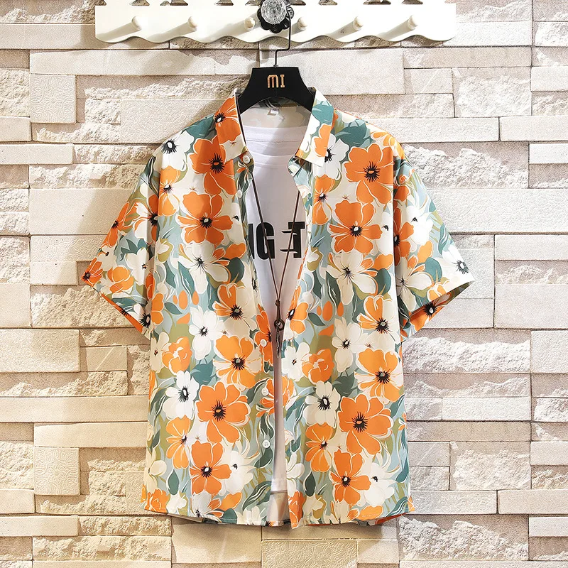 Retro Floral Inspired Men's and Women's Short Sleeved Shirts, Hong Kong Retro Thai Style Couple Art Loose Fitting Shirts