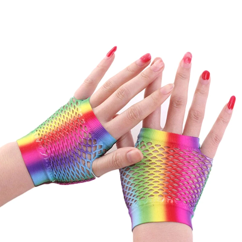 1 par de guantes de rejilla sexis de Color arcoíris para mujer, guantes sin dedos con agujeros calados, guantes para disfraz de baile disco