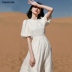 GypsyLady Floral Embroidered Midi Dress White Summer Elegant Fairy Dresses O-Neck Short Puff Sleeve Ladies Female Dress Now