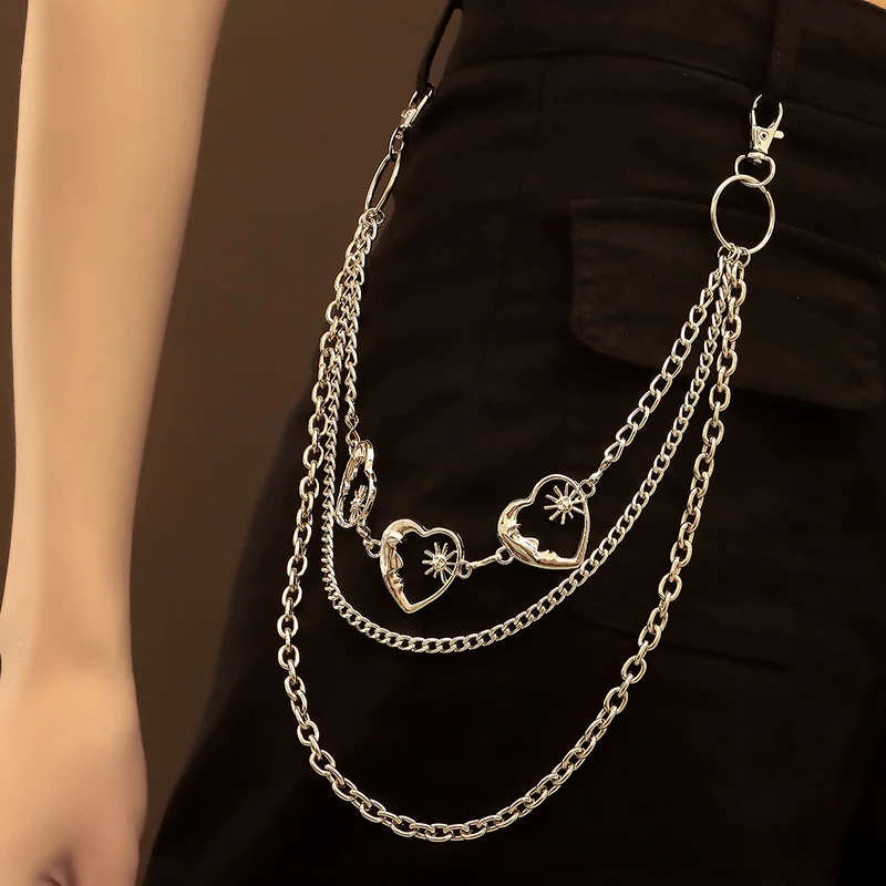 Punk Silver Color Multilayer Heart Bear Chian Pant Jean Keychain Women Fashion Rock Waist Belt Wallet Chain Accessories Jewelry
