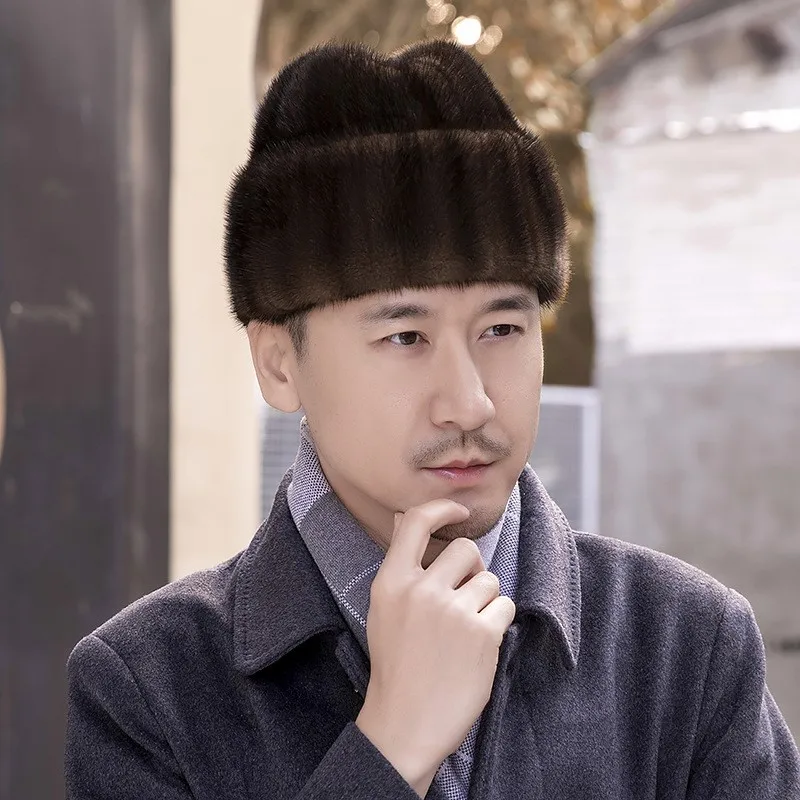 leather hats for men warm ear-protecting autumn and winter fur thick cotton middle-aged elderly people