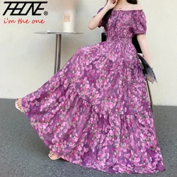 THHONE Vestidos Robe Maxi Long Dress Women Summer Indian Clothes Bohemian Cotton Linen Floral Short Sleeve Korean Style Casual