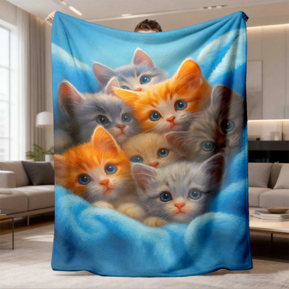 1 New 3D Cat Flannel Blanket - Bohemian Style with Soundwave Technology Embossed High-definition Cat Print, Soft, Warm, and Ligh
