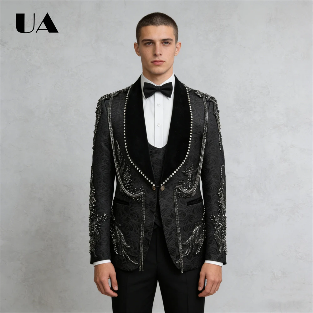 

Black Formal Suit Attire for Men 2026 One Button Beaded Suit Jacket with Velvet Collar XS-3XL Wedding Groom Suit Blazer Pants