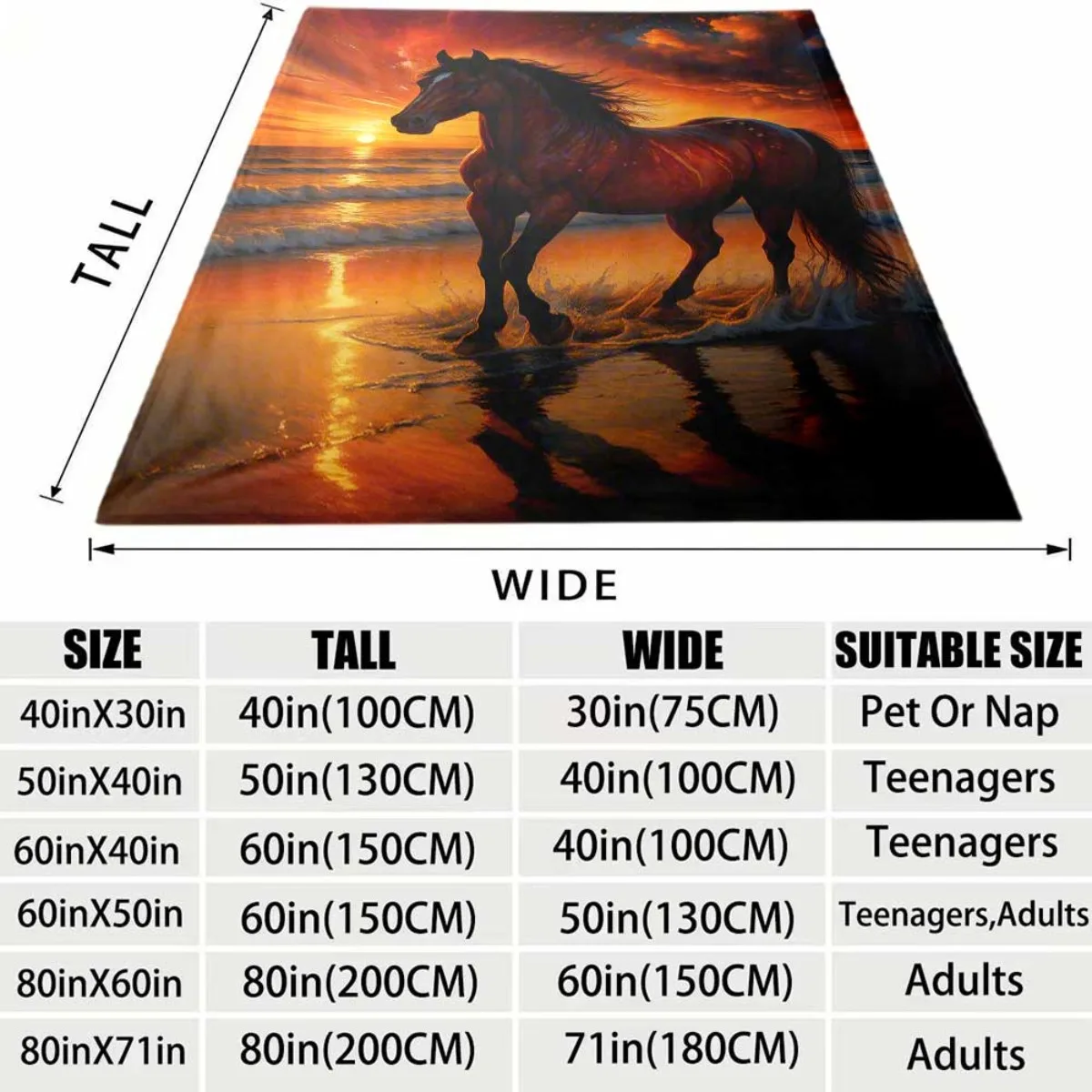 Brown Horse Seaside Sunset Wave Reflection Print Flannel Throw Blanket, Soft Warm Sofa Cover, Horse Lover Bedroom Rest Gift