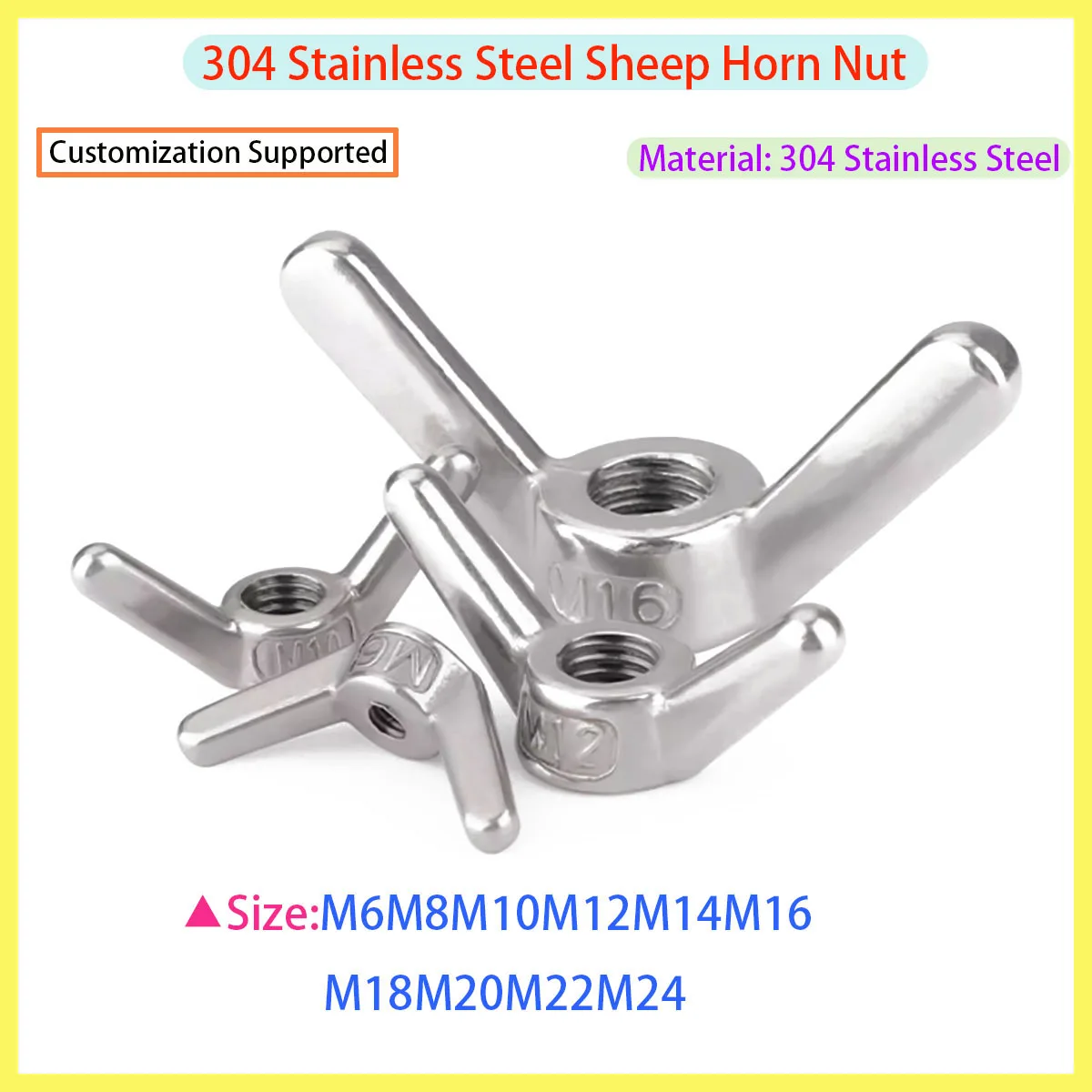 

304 Stainless Steel Long Ear Wing Nuts Hand Tighten Butterfly Ingot Nuts M6-M24 for Industrial Fastening