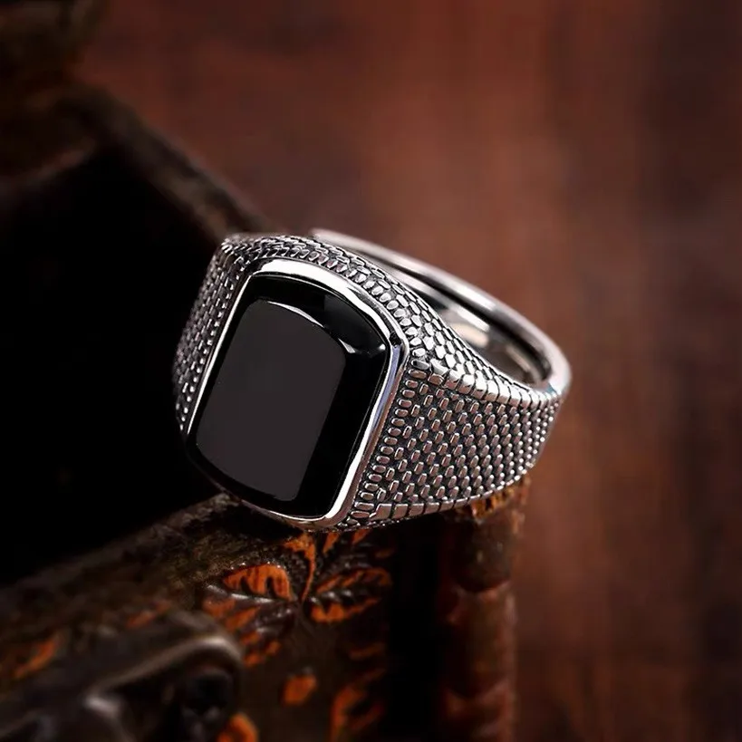 Retro vintage imitation black agate ring, men's trendy classic, wide face adjustable, personalized, trendy Thai silver single ri