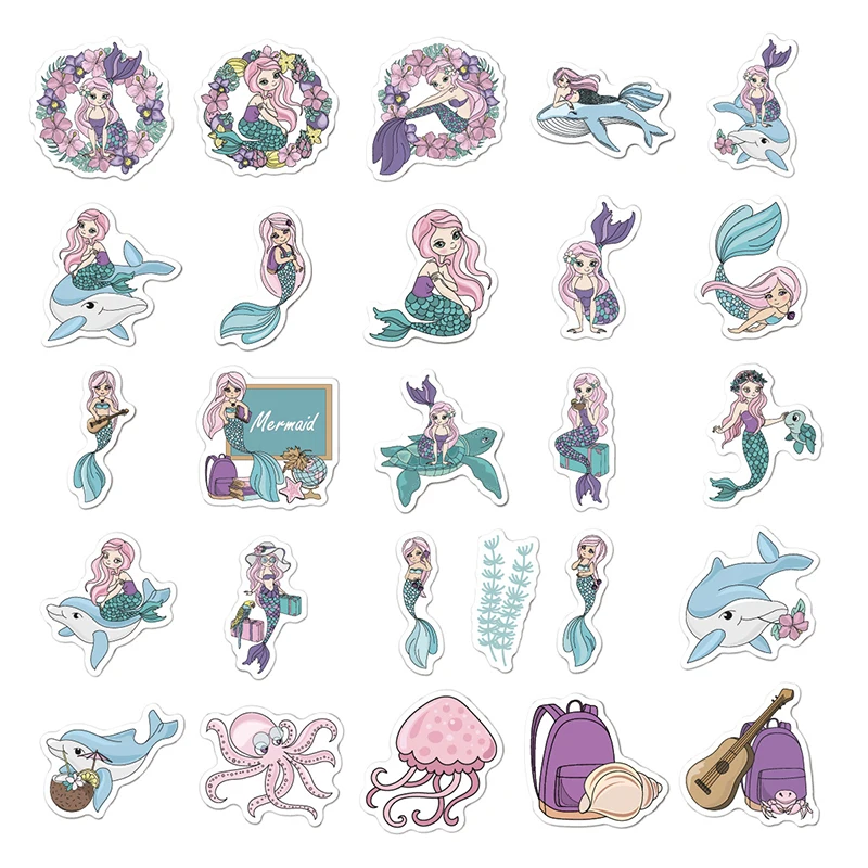 50Pcs Mermaid Ocean Animal Fish Graffiti Stickers For Notebook Motorcycle