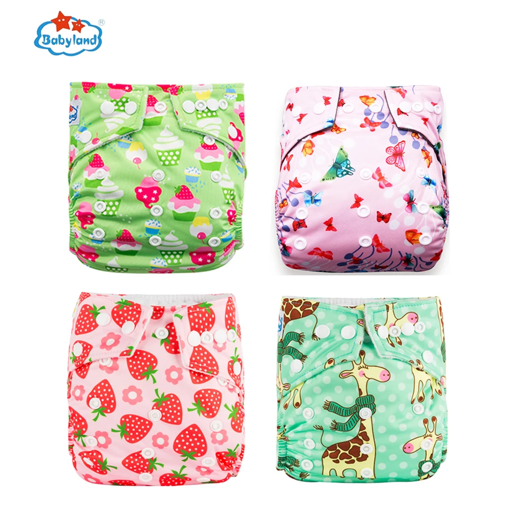 [BABYLAND]ECO-Friendly Girl Diapers 4 Shells Pocket Diapers Adjustable Baby Nappy Washable Reusable Cloth Diaper Newborn to Kid