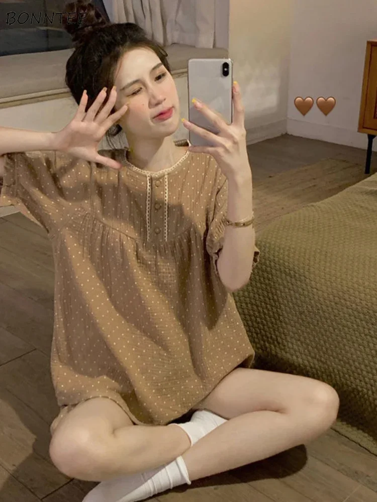 

Short-sleeve Pajama Sets Women 2 Pcs Dot Simple Retro Daily Lounge Wear Summer Leisure Fashion Japanese Style Design Basic Soft