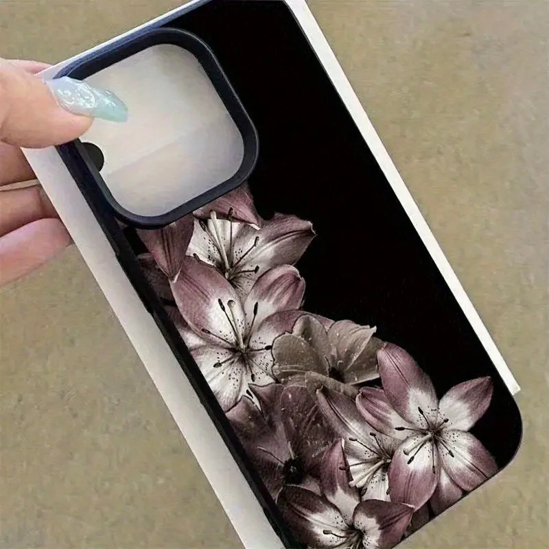 1 pieza de funda para teléfono con textura de lichi con estampado de lirio morado oscuro, adecuada para iPhone 17/16 Pro Max/15/14 Plus/13/12/11, amortiguadora, antideslizante, ligera, moderna y de diseño, unisex y se puede utilizar como regalo.