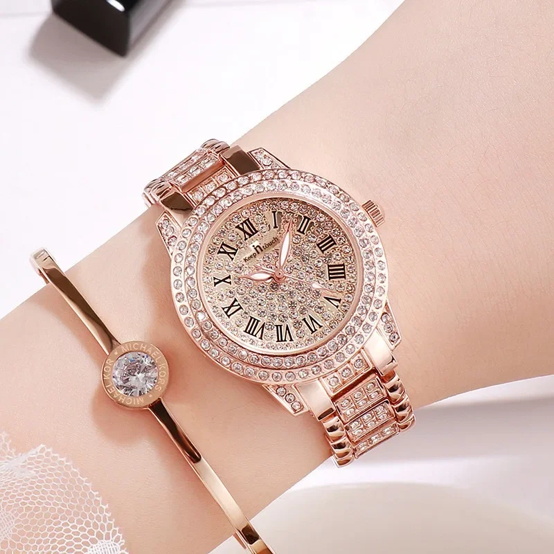 Reloj de acero de cuarzo para mujer, reloj de pulsera de cristal de circón elegante, marca de lujo superior, Diamante completo, Punk, moda