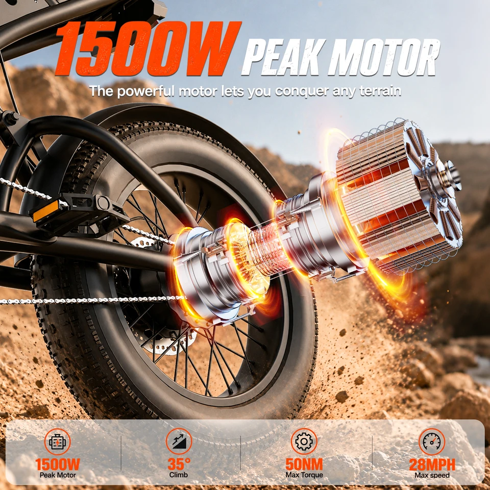ASKGO Fat Tire Electric Bike for Adults, 1500W Peak Motor Off-Road Ebike, Up to 28 MPH Speed & 65 Miles Range, 16"×4.0" Wide All-Terrain Tires, 48V 20Ah Removable Battery, Dual Disc Brake with NFC Smart Unlock image 3