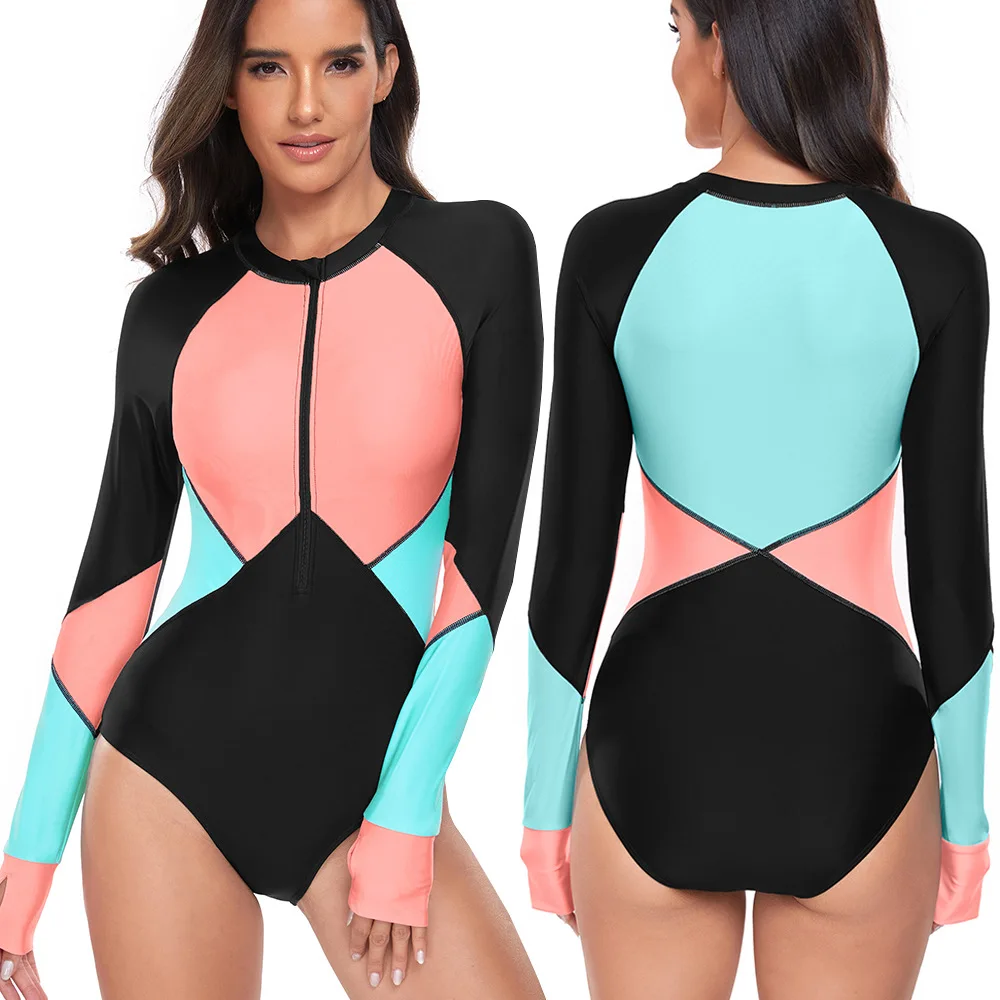 

New One-piece Swimsuit Women's Surf Suit Conservative Zipper Long-sleeved Sunscreen Contrasting Color Design Swimsuit