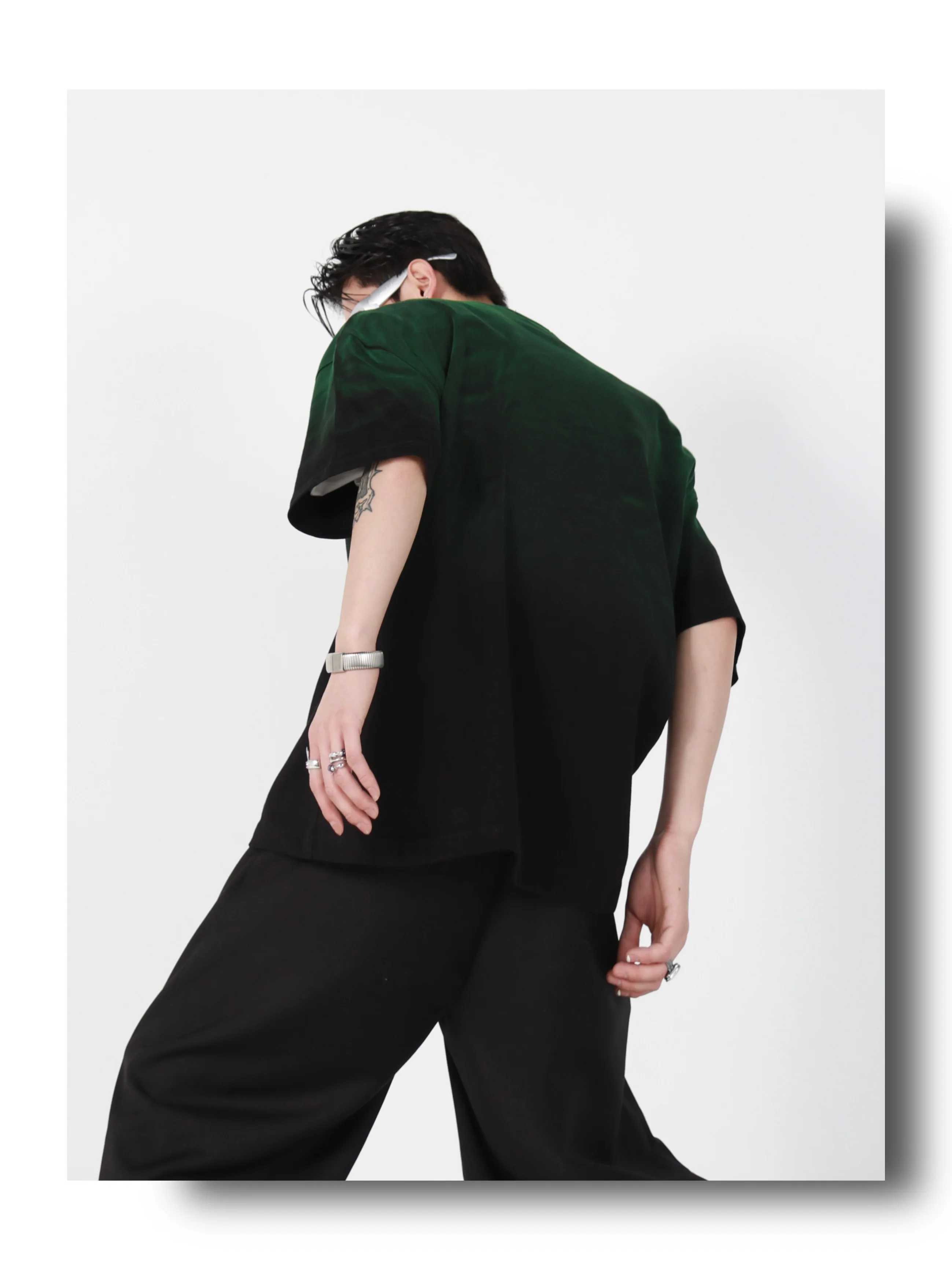 Black Green Gradient Pure Cotton Tees T-shirt Men's Simple and High-end Loose Short Sleeved Contrasting Color Tshirt Top