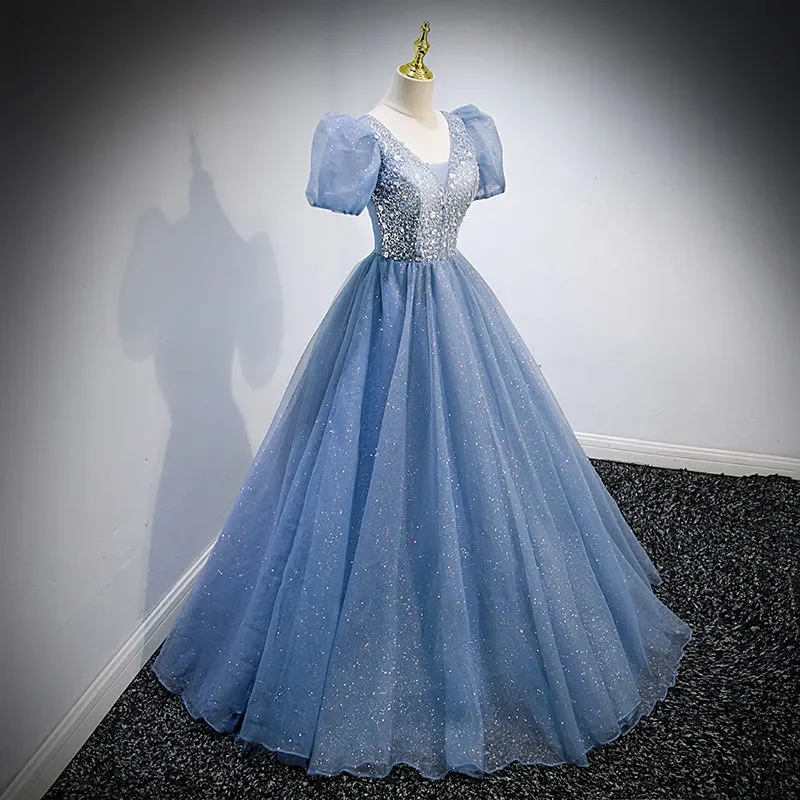 Cinderella Dress Wedding Blue Princess Dress Halloween Costumes for Women Cosplay Bubble Sleeve Puffy Dress