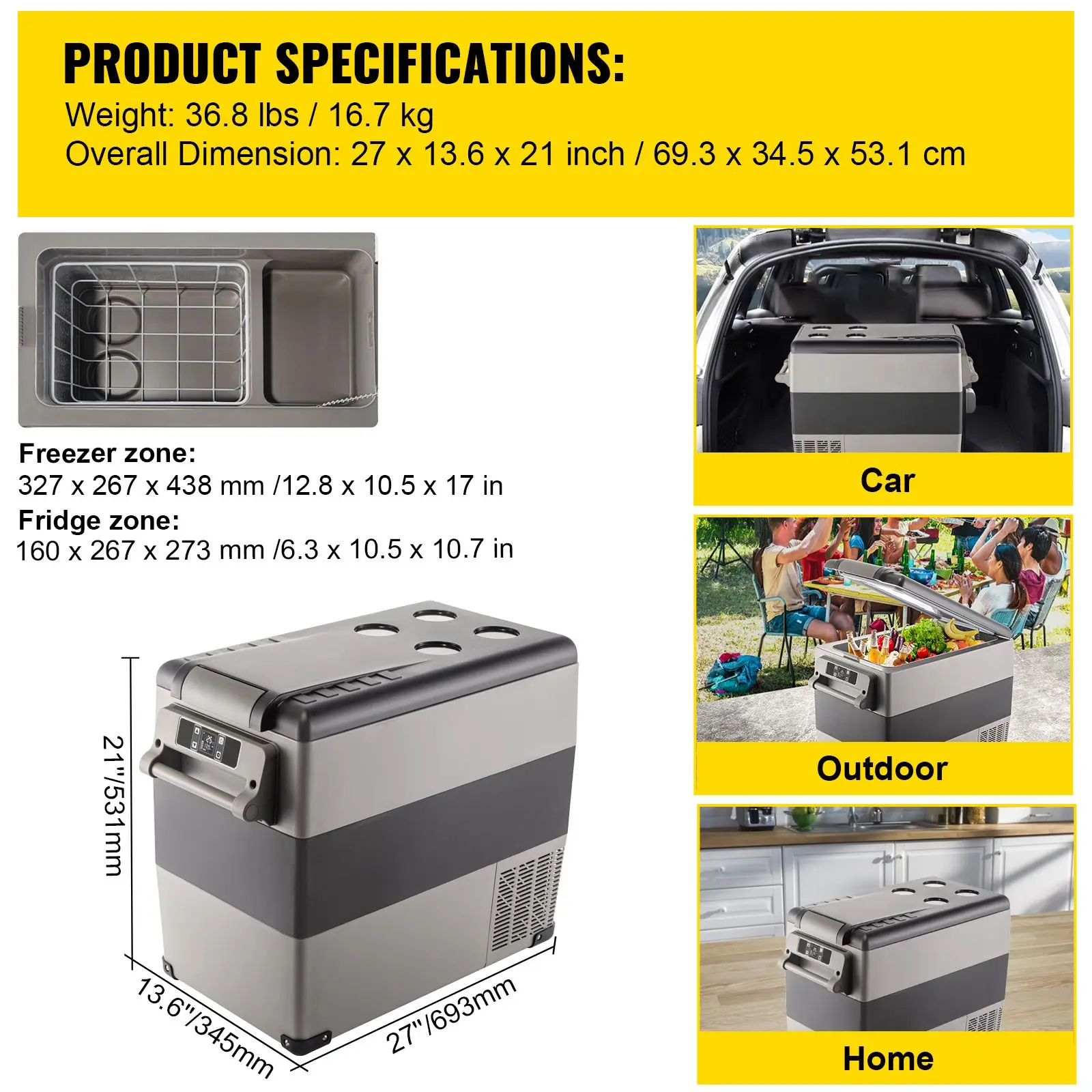 12 Volt Refrigerator, 58 Qt Car Refrigerator, Dual Zone Portable Freezer, Cooler Compressor Freezer with 12/24V DC and 110-240V AC, Freezer Fridge Cooler, for Car, Truck RV, Camping and Home Use