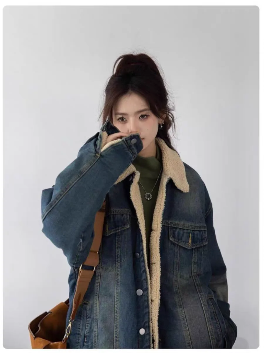 

Denim Coat Long Sleeve Woman Fur Plush Womens Fall Slim Fit French Chic Urban Travel Quick-Drying Snap Button Outcoats Jackets