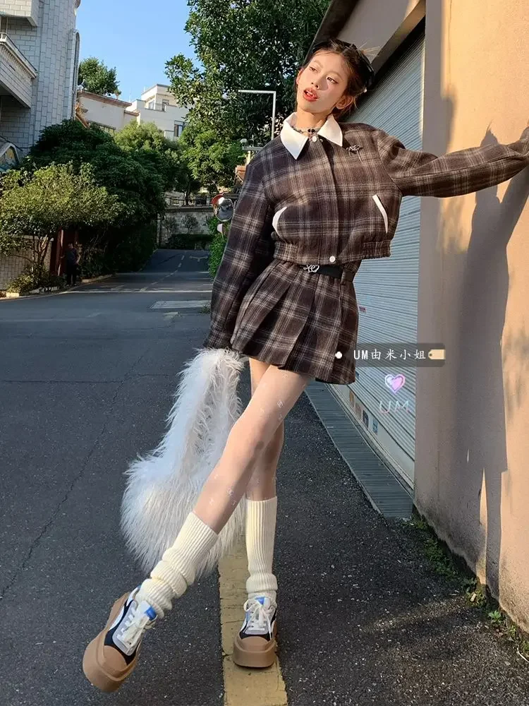 

Sweet Hot Girl College Style Suit Women's Winter Polo-neck Plaid Woolen Jacket High Waisted Pleated Mini Skirt Two-piece Set