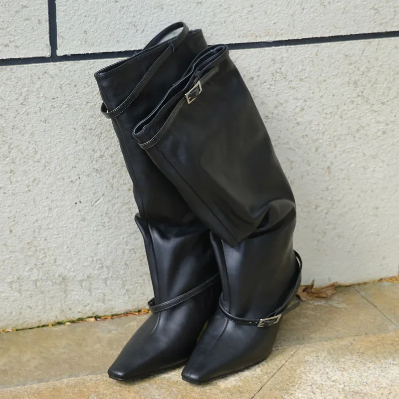 Aneikeh Vintage Fashion Autumn Winter Pointed Toe Thin Low Heels Women Knee-High Boots Belt Buckle Party Dress Shoes